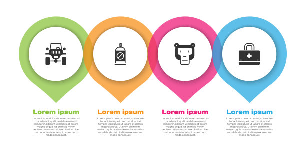 启动道路车，喷洒杀虫剂，猴子和急救箱。业务信息模板。向量图片下载