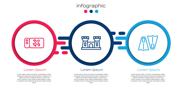 备有机票、沙堡、游泳用橡胶脚蹼。业务信息模板。向量图片下载