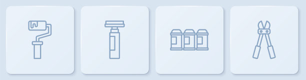 设置线漆辊刷，喷漆罐，记号笔，螺栓切割器。白色正方形按钮。向量图片下载