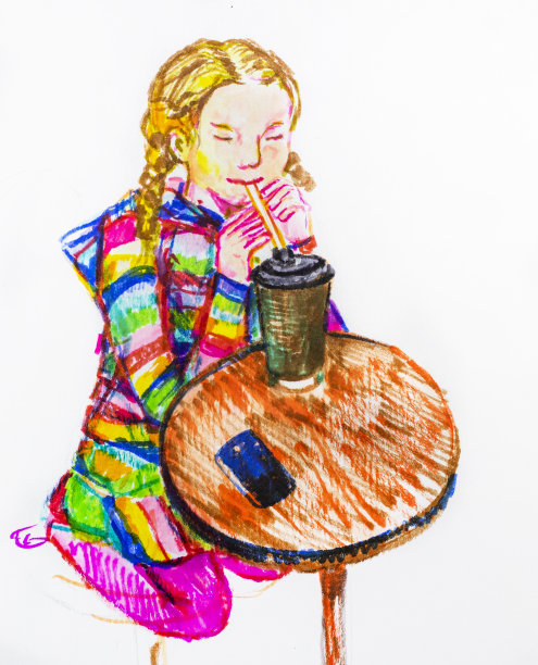 快乐女孩在咖啡馆用可可管喝水，水彩画图片下载