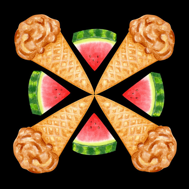 黑色背景上的水彩冰淇淋。华夫饼冰淇淋蛋筒组合。焦糖布丁冰淇淋配西瓜片。夏天的甜点。设计横幅，传单，明信片。图片下载