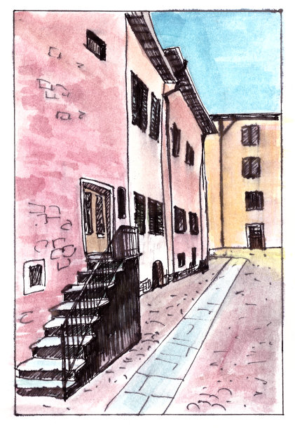 夏日午后的意大利城市，水彩画图片下载