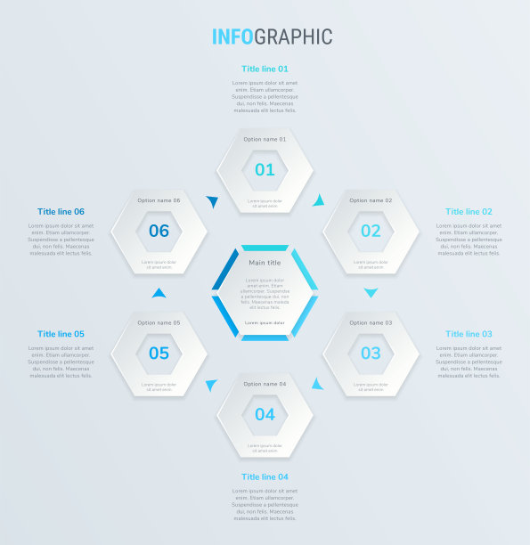 蓝色时间轴信息图形设计向量。6步，蜂巢式工作流程布局。矢量信息图表时间表模板。图片下载