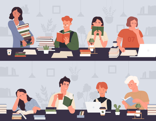学生们在教室或图书馆的桌子上学习，阅读纸质书，学校教育设置图片下载