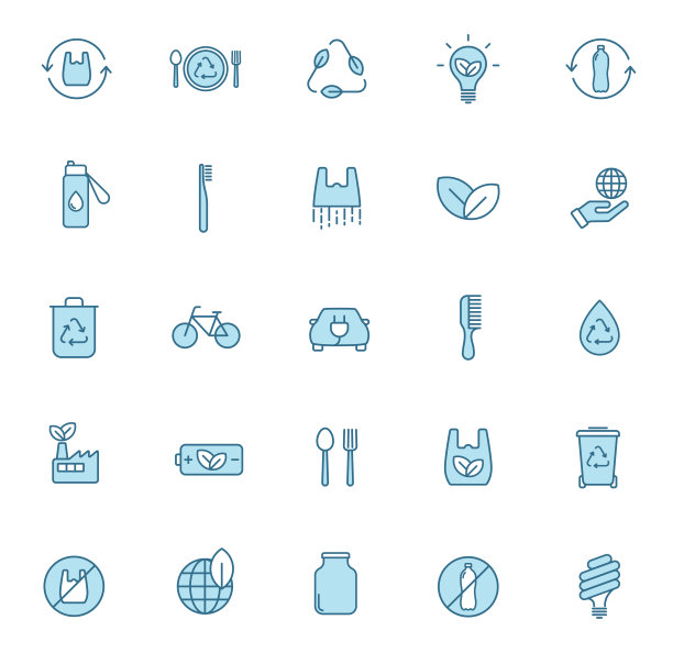 零浪费线矢量图标在两种颜色孤立在白色背景。零浪费蓝色图标设置网页设计，ui，移动应用程序，打印测谎仪和促销广告业务图片下载