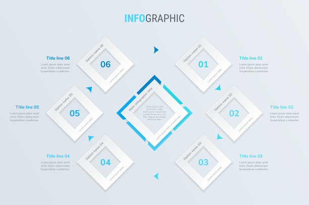 蓝色时间轴信息图形设计向量。6步，正方形工作流布局。矢量信息图表时间表模板。图片下载