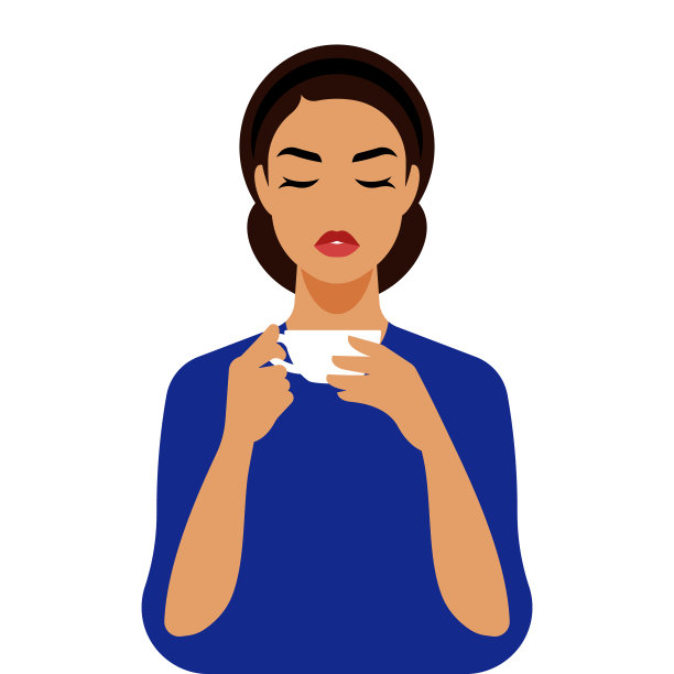 美丽的女人喝着茶休息。一个拿着杯子往下看的漂亮女孩。冷静而专注的女士。白色背景上的女性肖像。作为海报，封面，横幅的漂亮的人。图片下载