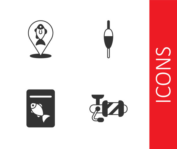 设置钓鱼卷轴、位置、服务盘和钓鱼浮标图标。向量图片下载