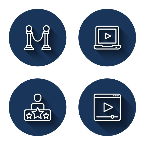 设置线绳障碍，在线播放视频，演员明星和长影。蓝色圆按钮。向量图片下载