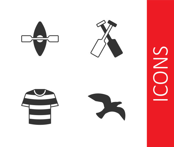 设置海鸥鸟，皮艇和桨，条纹水手t恤和交叉桨船的图标。向量图片下载