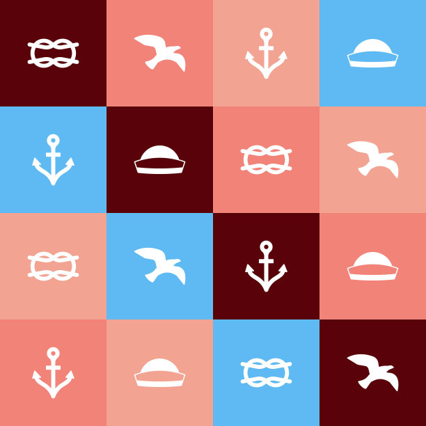 设置流行艺术航海绳结，海鸥鸟，锚和水手帽子图标。向量图片下载