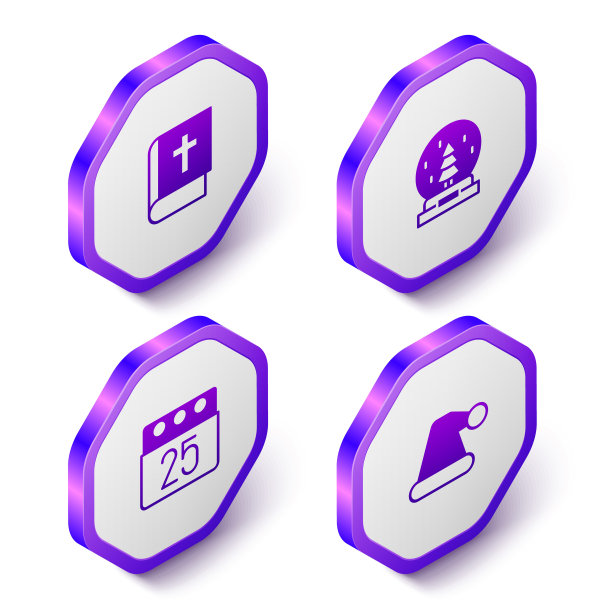 设置等距圣经书，圣诞雪球，日日历和圣诞老人的帽子图标。紫色的六角按钮。向量图片下载