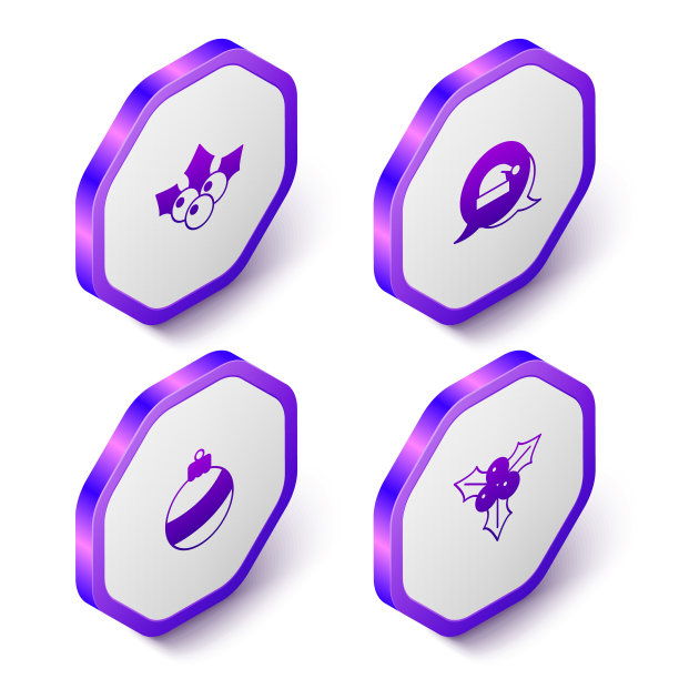 设置等距树枝荚蒾、圣诞老人帽、球和图标。紫色的六角按钮。向量图片下载