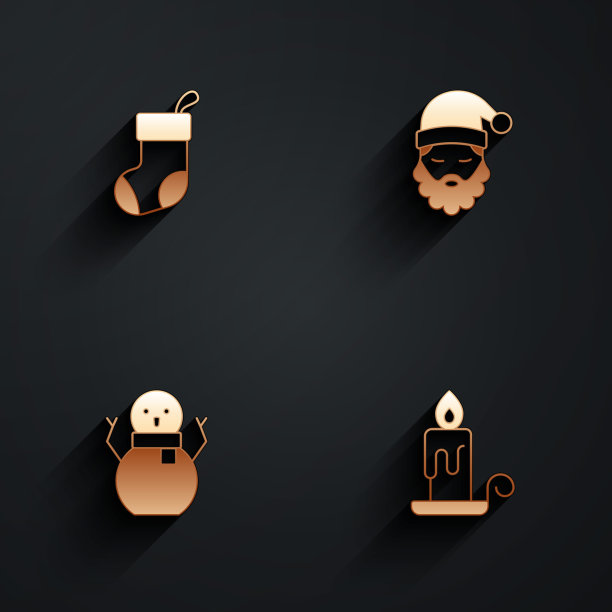 设置圣诞袜，圣诞老人的帽子和胡子，雪人和燃烧的蜡烛图标与长影子。向量图片下载