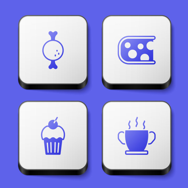 设置鸡腿，奶酪，松饼和碗热汤图标。白色正方形按钮。向量图片下载