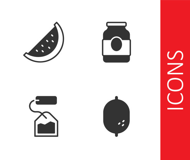 设置柠檬，西瓜，茶包和果酱罐图标。向量图片下载