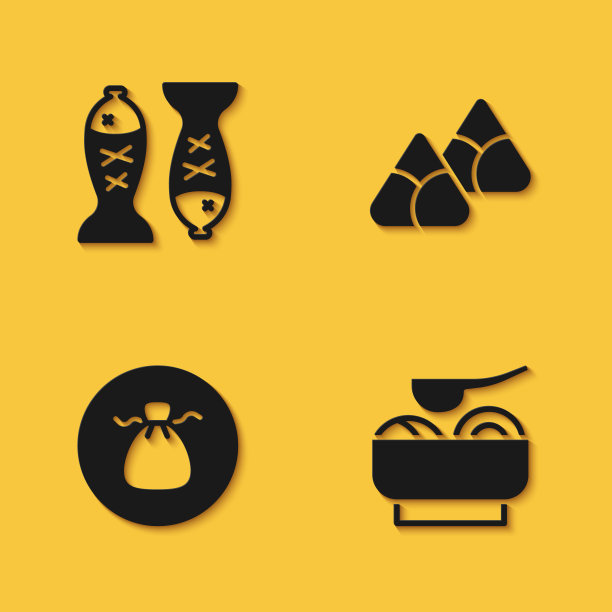 一盘鱼，拉面汤碗，馄饨和粽子在竹蒸笼图标与长影子。向量图片下载