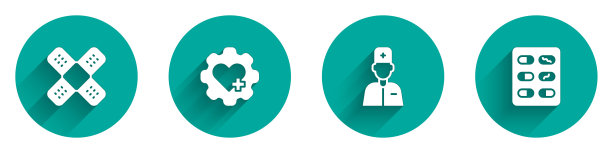 设置交叉绷带石膏，心与十字架，男性医生和药丸在吸塑包图标与长阴影。向量图片下载