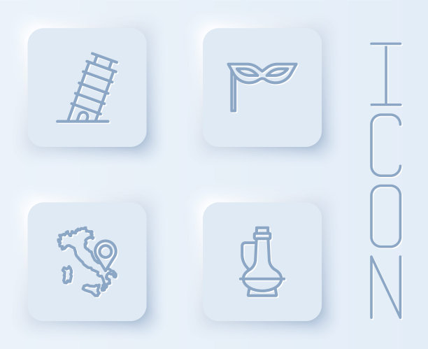 设置线斜塔比萨，嘉年华面具，意大利地图和瓶子橄榄油。白色正方形按钮。向量图片下载