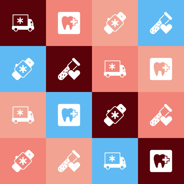 设置流行艺术救护车，牙科诊所的位置，智能手表与心脏和试管血液图标。向量图片下载