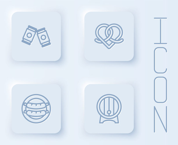 将啤酒罐，椒盐卷饼，香肠和木桶放在架子上。白色正方形按钮。向量图片下载