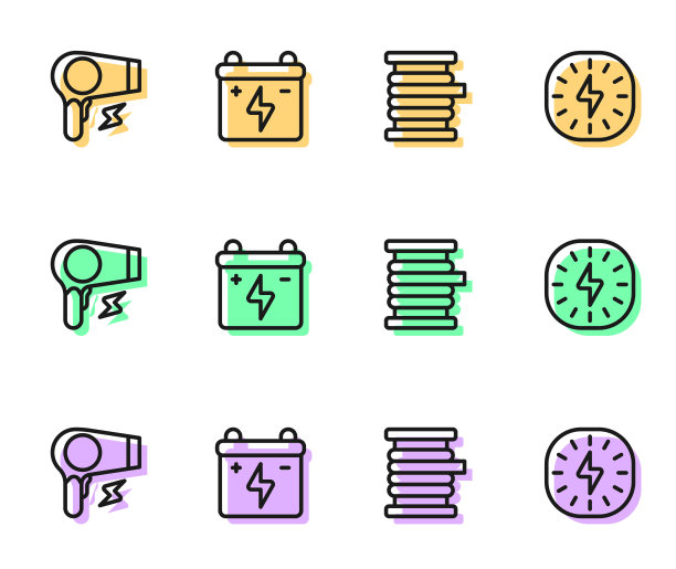 设置线轴电线电缆，电吹风，汽车电池和闪电图标。向量图片下载