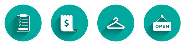 设置剪贴板与清单，纸和财务，衣架衣柜和悬挂标志文本打开图标与长阴影。向量图片下载