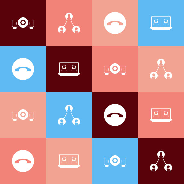 设置流行艺术电影，电影，媒体投影仪，会议，电话听筒和视频聊天会议图标。向量图片下载