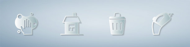 设置海绵，房子，垃圾桶和便携式吸尘器。纸艺术风格。向量图片下载