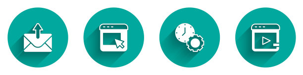 设置邮件和电子邮件，广告，时间管理和视频广告图标与长阴影。向量图片下载