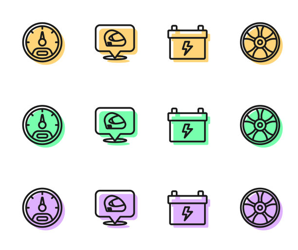 设置线汽车电池，速度计，赛车头盔和合金车轮的汽车图标。向量图片下载