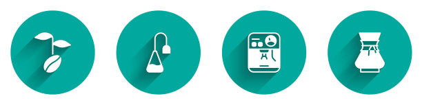 设置咖啡豆，茶包，机器和倒在咖啡机图标的长阴影。向量图片下载