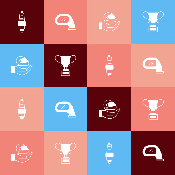 设置流行艺术汽车火花塞，镜子，赛车头盔和奖杯图标。向量图片下载