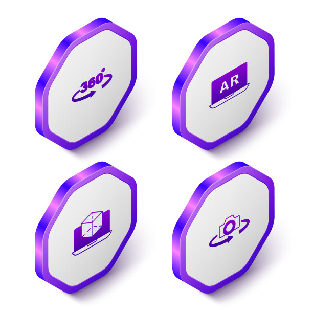 设置等距360度视图，增强现实AR, 3d建模和图标。紫色的六角按钮。向量图片下载