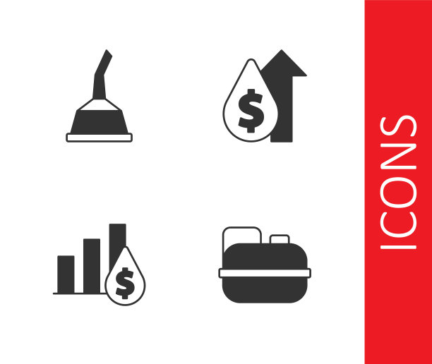 设置汽油罐，马达机油，饼图和美元和油价上涨图标。向量图片下载