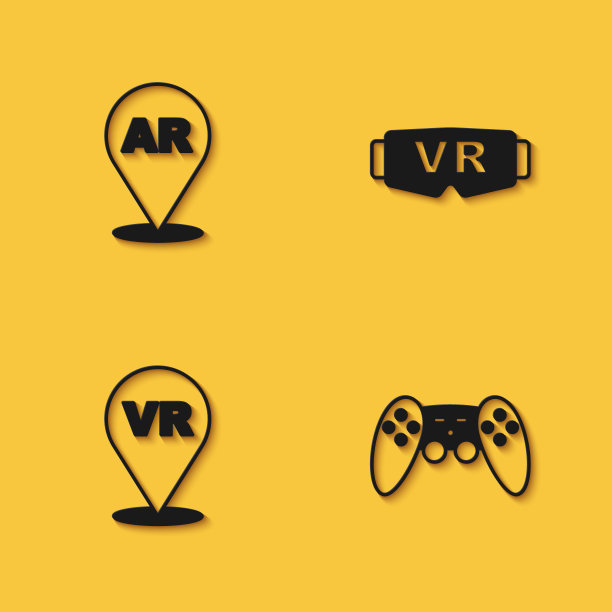 设置增强现实AR，手柄，虚拟和眼镜图标与长阴影。向量图片下载