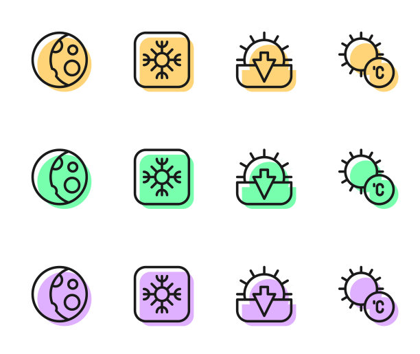 设置线日落，月相，雪花和图标。向量图片下载