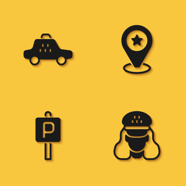 设置出租车，司机，停车和位置与明星图标与长阴影。向量图片下载