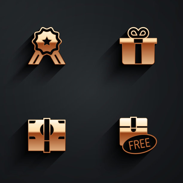 设置星星评级，礼品盒，叠纸钱现金和纸板与免费符号图标与长阴影。向量图片下载