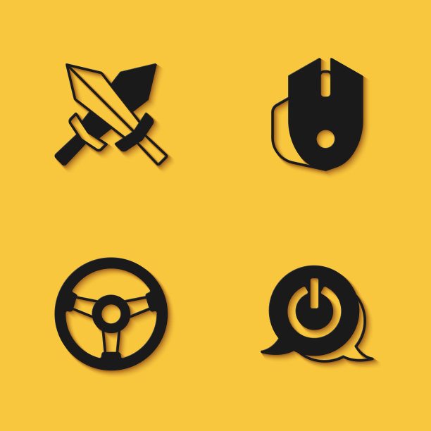 设置游戏剑，电源按钮，赛车模拟器和电脑鼠标长阴影图标。向量图片下载