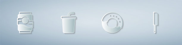 设置苏打罐，纸杯水，甜甜圈和刀。纸艺术风格。向量图片下载