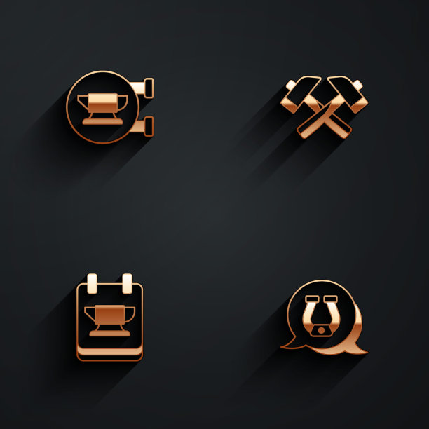 设置铁匠砧工具，十字锤，马蹄铁图标与长阴影。向量图片下载