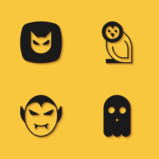 设置黑猫，幽灵，吸血鬼和猫头鹰鸟图标与长阴影。向量图片下载