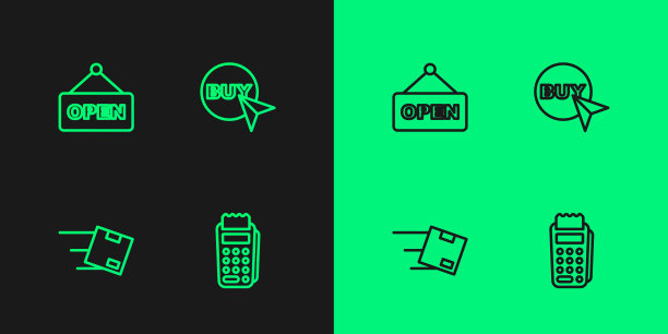 设置线路POS终端，位置与纸箱，悬挂标志文字打开和购买按钮图标。向量图片下载