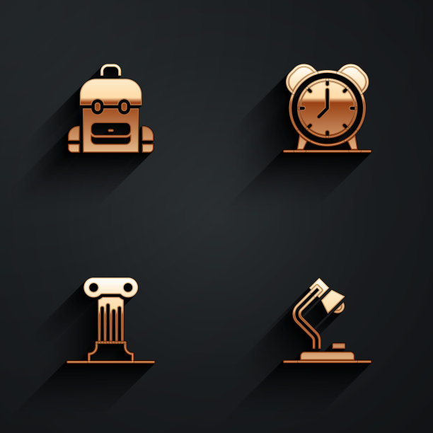 设置书包、闹钟、法律支柱和长影子台灯图标。向量图片下载