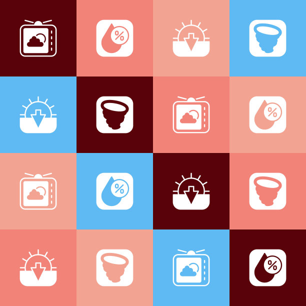 设置流行艺术天气预报，水滴百分比，日落和龙卷风图标。向量图片下载