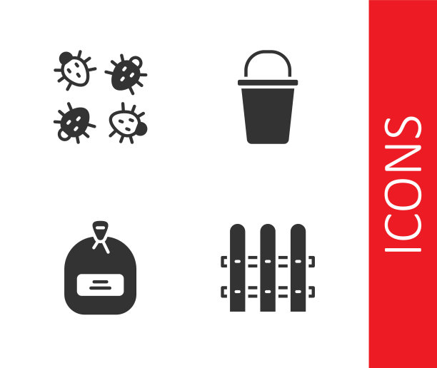 设置花园栅栏木，科罗拉多甲虫，装满种子和桶图标。向量图片下载