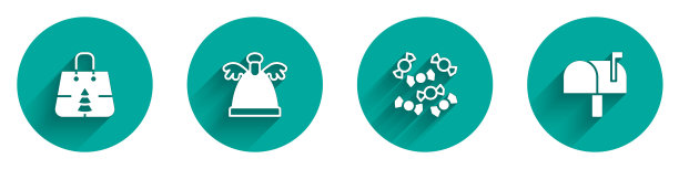 设置圣诞购物袋，天使，糖果和邮箱图标与长阴影。向量图片下载