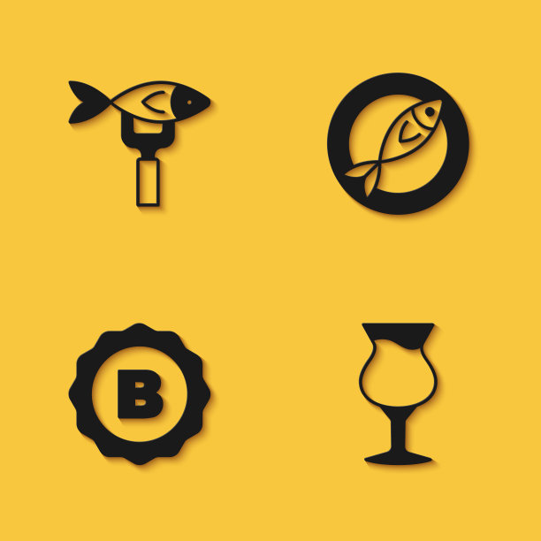 设置干鱼，啤酒，瓶盖和图标的长阴影。向量图片下载