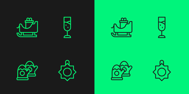 设置线圣诞玩具，手套，圣诞老人雪橇和香槟的图标。向量图片下载